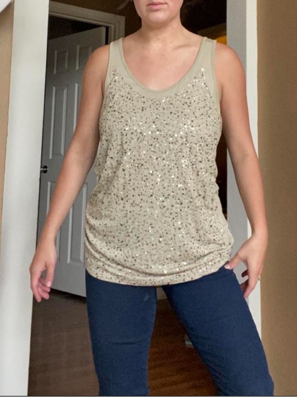MICHAEL Michael Kors Y2K Beige Sequin Scoop Neck Tank Top